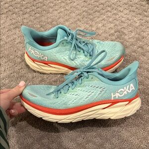 Hoka Women's Teal and Coral Clifton 8, in Size 7
